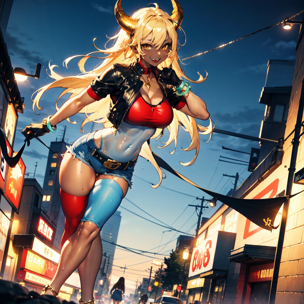 ((best quality)), ((masterpiece)), (detailed), 1girl, one girl, 8k_wallpaper, extremely detailed eyes, extremely detailed body, beautiful face, perfect face, detailed ((blonde hair)), (gold eyes), (( big blue horns)), {{dark skin}}, ({dark skinned female}), gigantic breasts, thick thighs, strong arm and leg muscles, strong abdominal muscles, Korean girl, a predatory mischievous smile with fangs, a vulgar smile, a playful look, style - a hot rock girl, a dark red open jacket with rolled up sleeves, a belt of yellow silk and gold chains, gold bracelets and leather short gloves, short denim mini shorts through which the outlines of a wet woman appear pussy, a rock guitar hanging behind his back, walking down the street of the evening city,