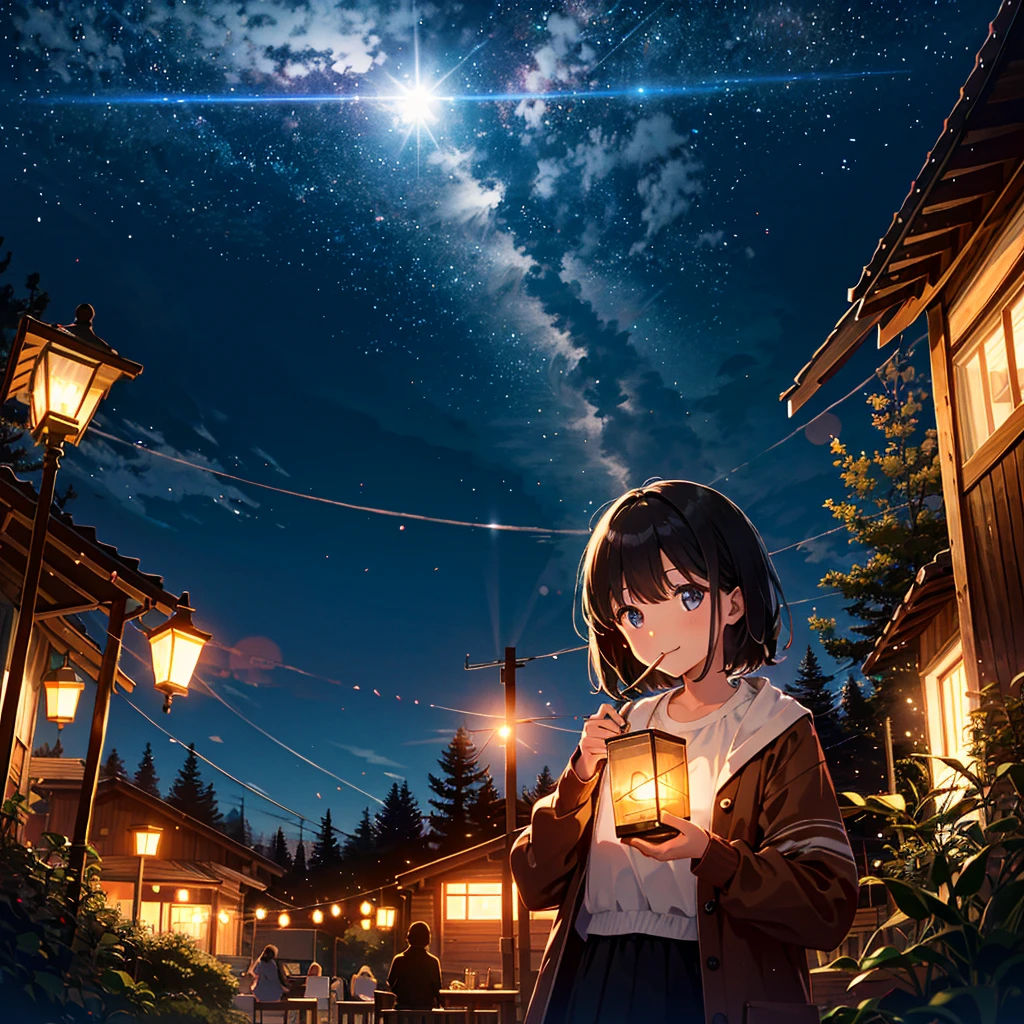 absurdres, highres,
BREAK
girl drinking cocoa, night camp, Lantern Light, Relax Time, Illusory Light particles, lens flare, smile