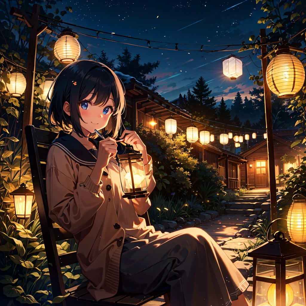 absurdres, highres,
BREAK
girl drinking cocoa, night camp, Lantern Light, Relax Time, Illusory Light particles, lens flare, smile