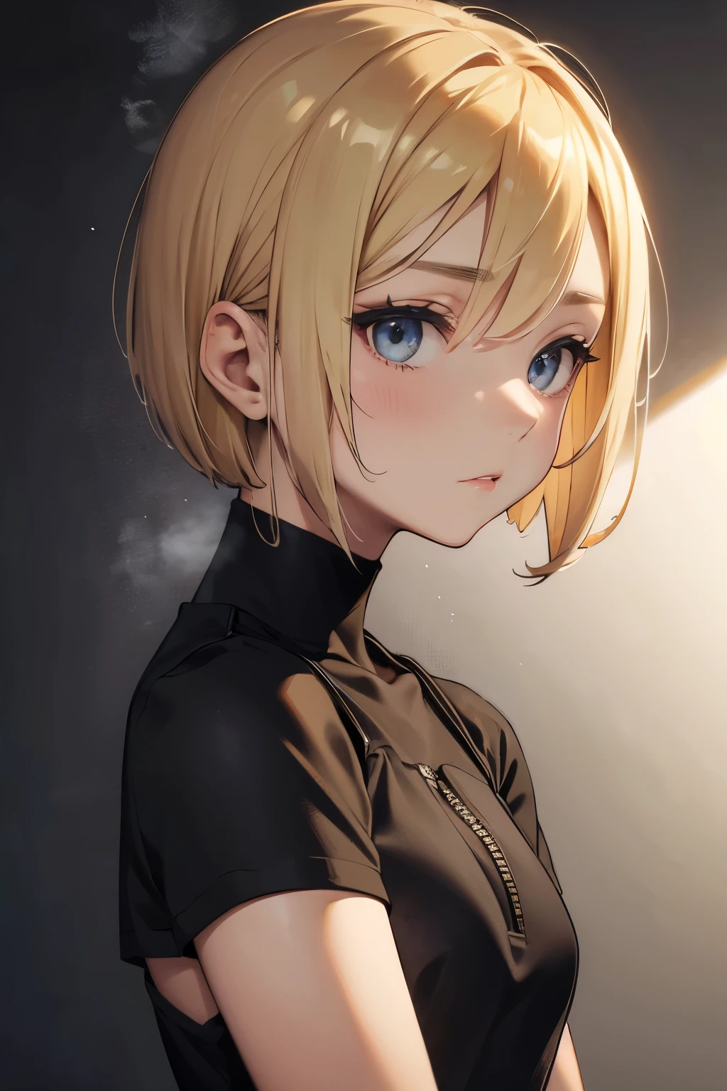 Blonde, short bob hair, front view, chest pressed together, black clothing, steam coming out