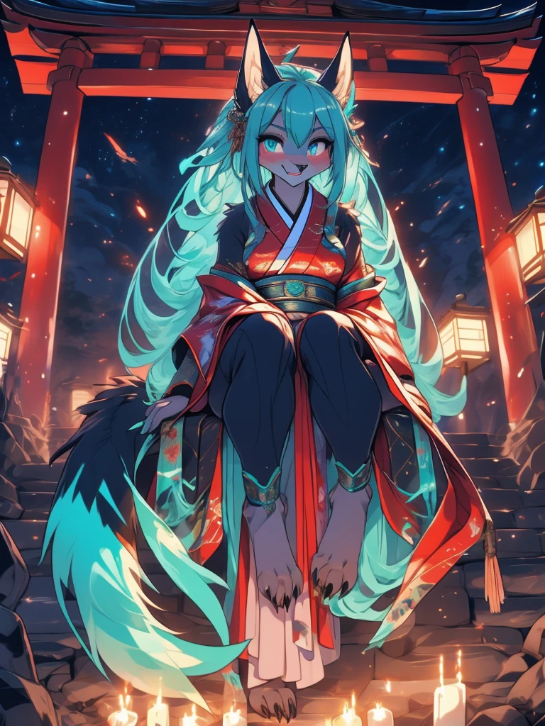 Miku Hatsune x vixen high definition good anatomy agregar_detalle:1, pelaje azul,Orejas de Kitsune, tribal tattoo agregar_detalle:1, cute girl agregar_detalle:1, feudal priestess clothing agregar_detalle:1, japanese shrine landscape night agregar_detalle:1,japanese marsuri add_detail japanese shrine costume agregar_detalle:1, agregar_detalle:1, fullbody barefoot agregar_detalle, highly detalleed face, deep aqua iris agregar_detalle:1 lighting eyes agregar_detalle:3, garras de lobo, sharp fangs agregar_detalle:1, wild slut agregar_detalle:1, barefoot agregar_detalle:3
