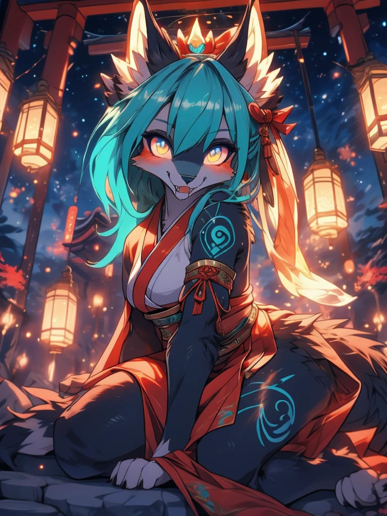 Miku Hatsune x vixen high definition good anatomy agregar_detalle:1, pelaje azul,Orejas de Kitsune, tribal tattoo agregar_detalle:1, cute girl agregar_detalle:1, feudal priestess clothing agregar_detalle:1, japanese shrine landscape night agregar_detalle:1,japanese marsuri add_detail japanese shrine costume agregar_detalle:1, agregar_detalle:1, fullbody  barefoot agregar_detalle, highly detalleed face, deep aqua iris agregar_detalle:1 lighting eyes agregar_detalle:3, garras de lobo, sharp fangs agregar_detalle:1, wild slut agregar_detalle:1, barefoot agregar_detalle:3