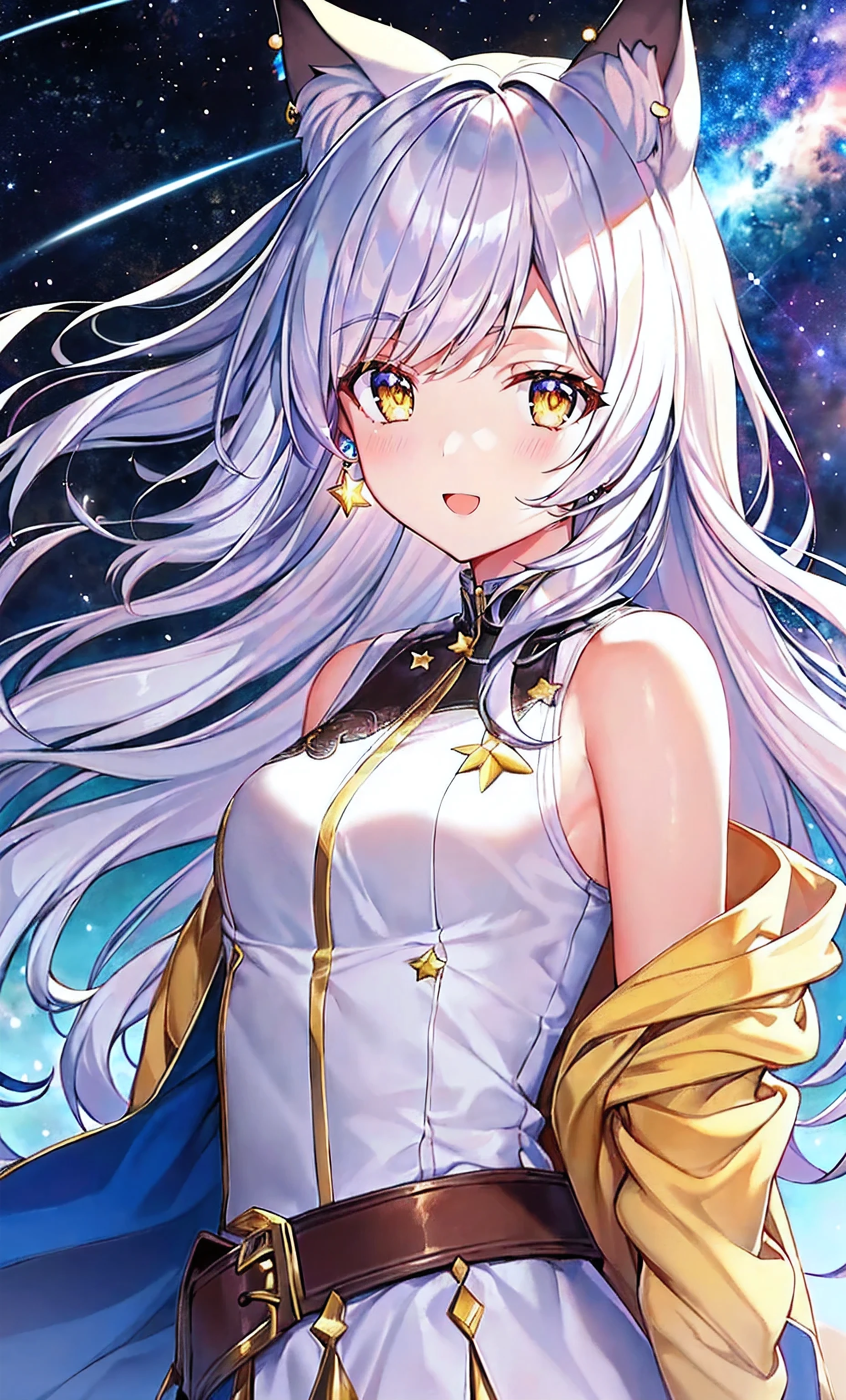 (extremely detailed cg unity 8k wallpaper), (masterpiece), (best quality), (ultra-detailed), (best illustration), (best shadow), (an extremely delicate and beautiful), (high quality, highres, highest picture quality), (master's work), ((best quality)). ((Masterpiece)). ((ultra-detailed)). (illustration). (detailed light). (Beautifully detailed eyes)ResolutionSharpen HDR ColorfulIllustration8KWallpaperDetailed 8K CG WallpaperFull BodyRay Tracing, 1 girl, solo, animal ears, animal ear fluff, long hair, star \(sky\), dress, looking at viewer, white hair, starry sky, sky, white dress, bangs, blush, shooting star, sleeveless, sleeveless dress, earrings, jewelry, yellow eyes, (jacket on shoulders), jacket, white jacket, {leaf-shape}, negative space, background detailed, (galaxy), (sidelocks), ((swept bangs)), smile, :o, ((fron side)), (upper body), blue waist sash, arms at sides, Front-facing, girl, choppy cute, with hair dishevelled, (wavy hair), (floating hair), 