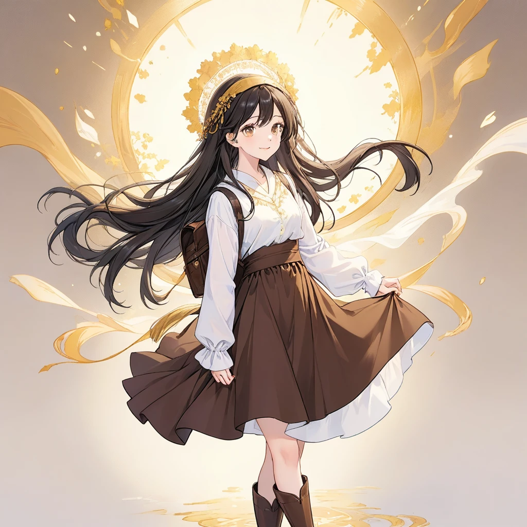 "Tall Girl, 20 years old, with long black hair down to her waist, golden eyes, and smile. She dresses in an antique style, She wears a brown skirt longer on one side than the other, large brown boots up to the knees with lots of ribbons, a backpack, a white blouse, and a hijab on her head. , She possesses golden powers and has a golden-themed background." 