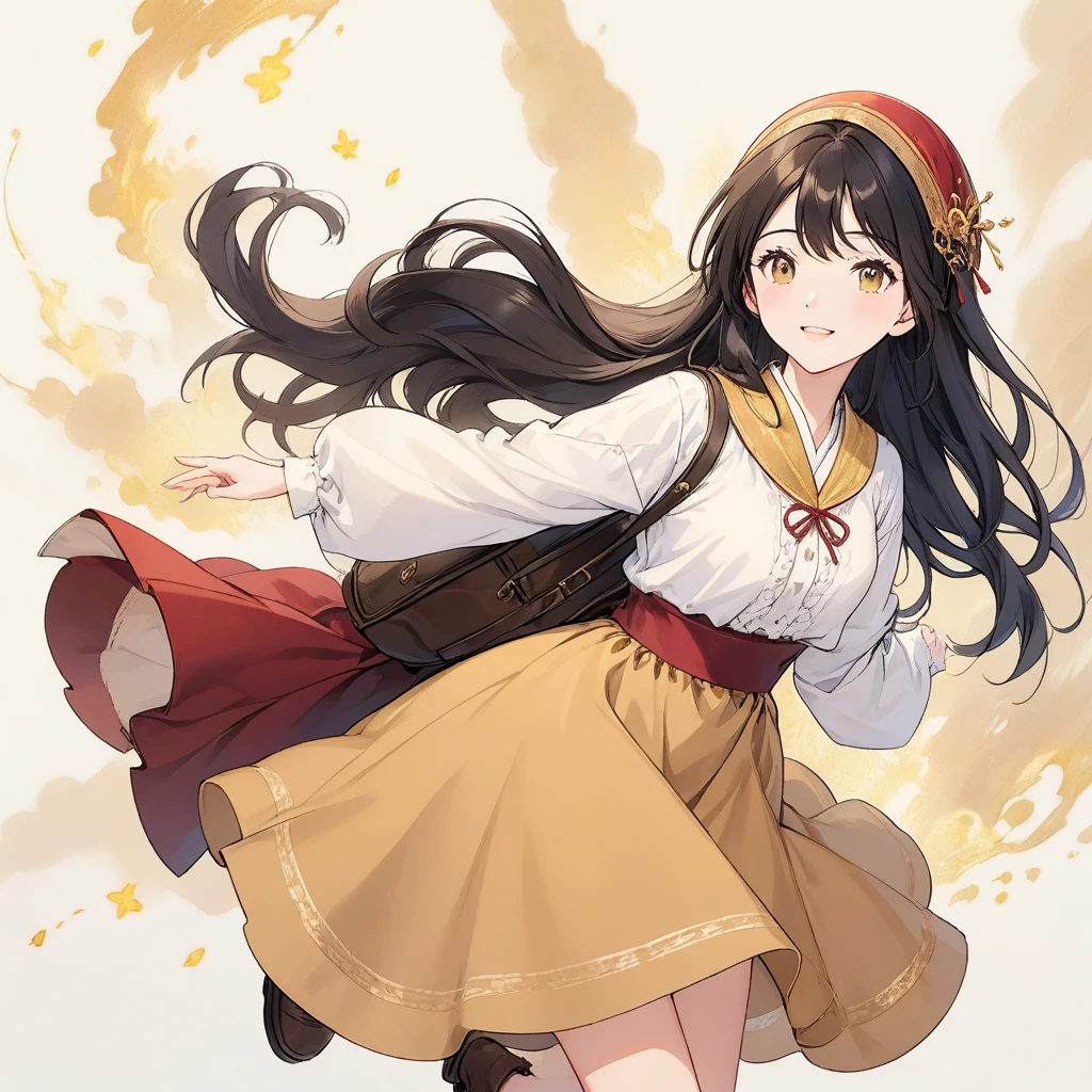 "Tall Girl, 20 years old, with long black hair down to her waist, golden eyes, and smile. She dresses in an antique style, She wears a brown skirt longer on one side than the other, large brown boots up to the knees with lots of ribbons, a backpack, a white blouse, and a hijab on her head. , She possesses golden powers and has a golden-themed background."