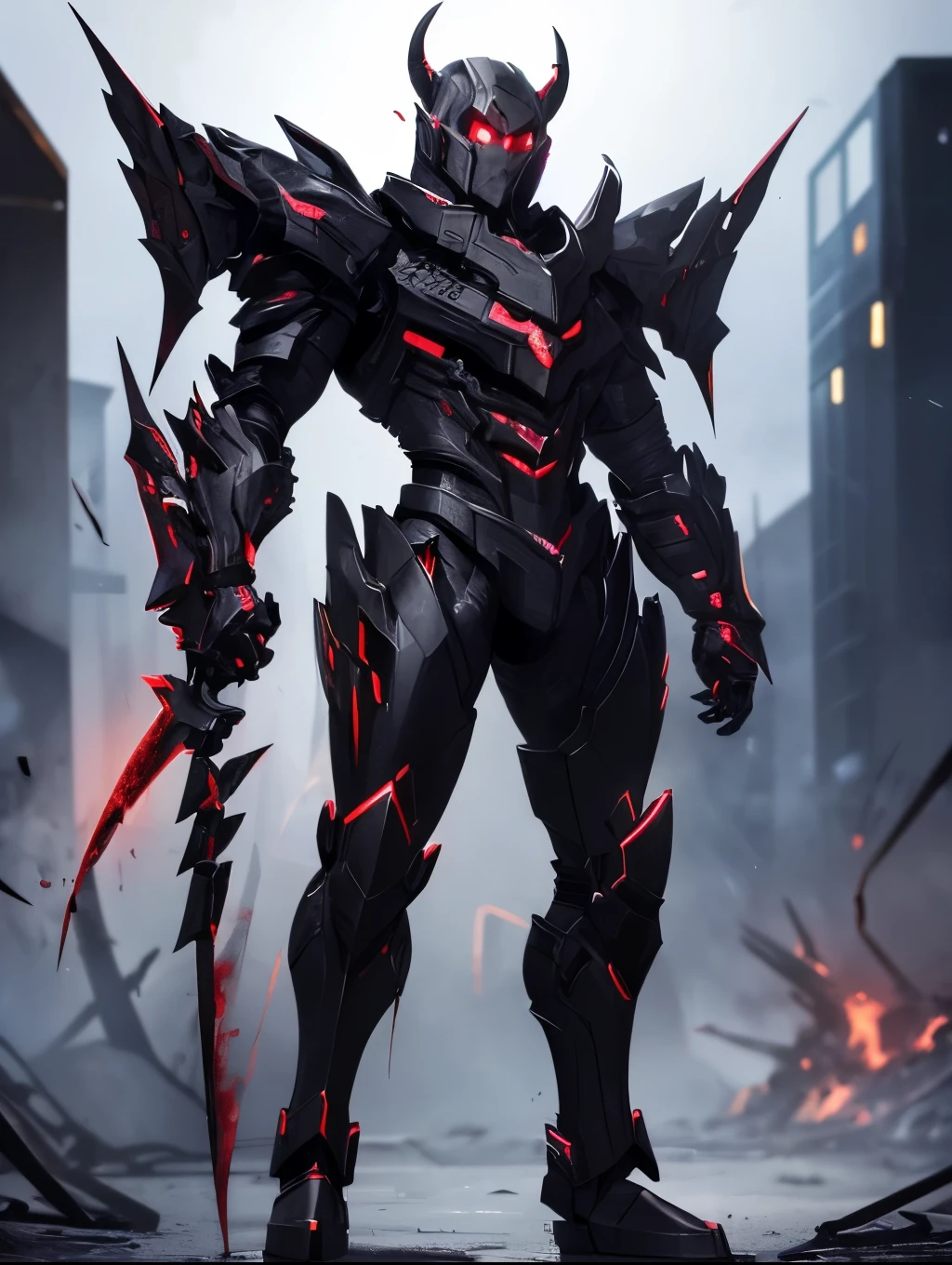 A handsome man, demon, alot of blood going around the place, Chain with darkness, Black smoke, black cool cyborg full body slim fast armour, small drone flying around the armour, deadly double claws armour weapon, sci-fi looking armour. Speed thin but fast armour.