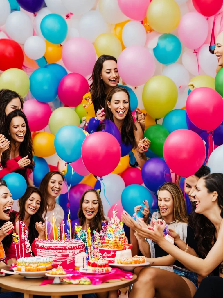 A cheerful scene of a surprise birthday party in a beautifully decorated room. There are colorful balloons, streamers, and a large banner that reads "Happy Birthday!" In the center, a table is set with a delicious birthday cake adorned with candles, surrounded by gifts. Friends are gathered around, smiling and clapping, ready to celebrate.
