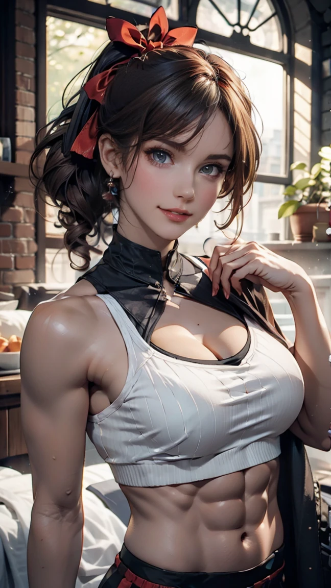 C model, Digital Illustration, (masterpiece:1.2), high quality, Detailed eyes, Very beautiful young woman, short hair, Streetwear, thick, (Abdominal muscles:1.2), (bloom:1.2)、24-year-old female、Sexy proportions、Sexy breasts、Narrow waist、Long eyelashes、Side Ponytail((side ponytail))、hair band((hair ribbon))、Textured skin((textured skin))、smile