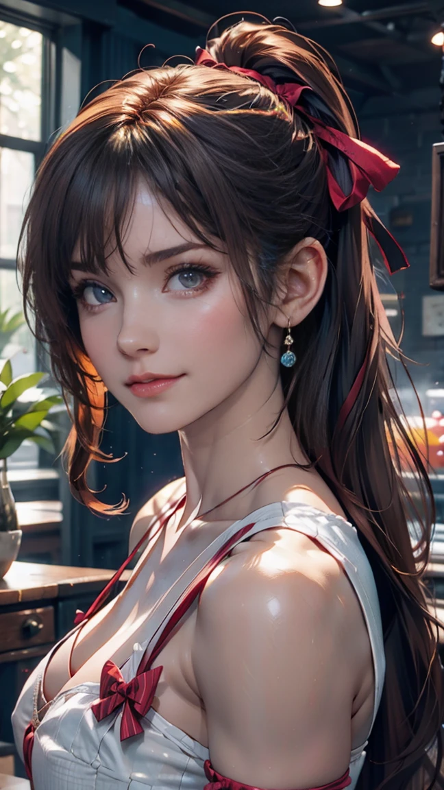 C model, Digital Illustration, (masterpiece:1.2), high quality, Detailed eyes, Very beautiful young woman, short hair, Streetwear, thick, (Abdominal muscles:1.2), (bloom:1.2)、24-year-old female、Sexy proportions、Sexy breasts、Narrow waist、Long eyelashes、Side Ponytail((side ponytail))、hair band((hair ribbon))、Textured skin((textured skin))、smile