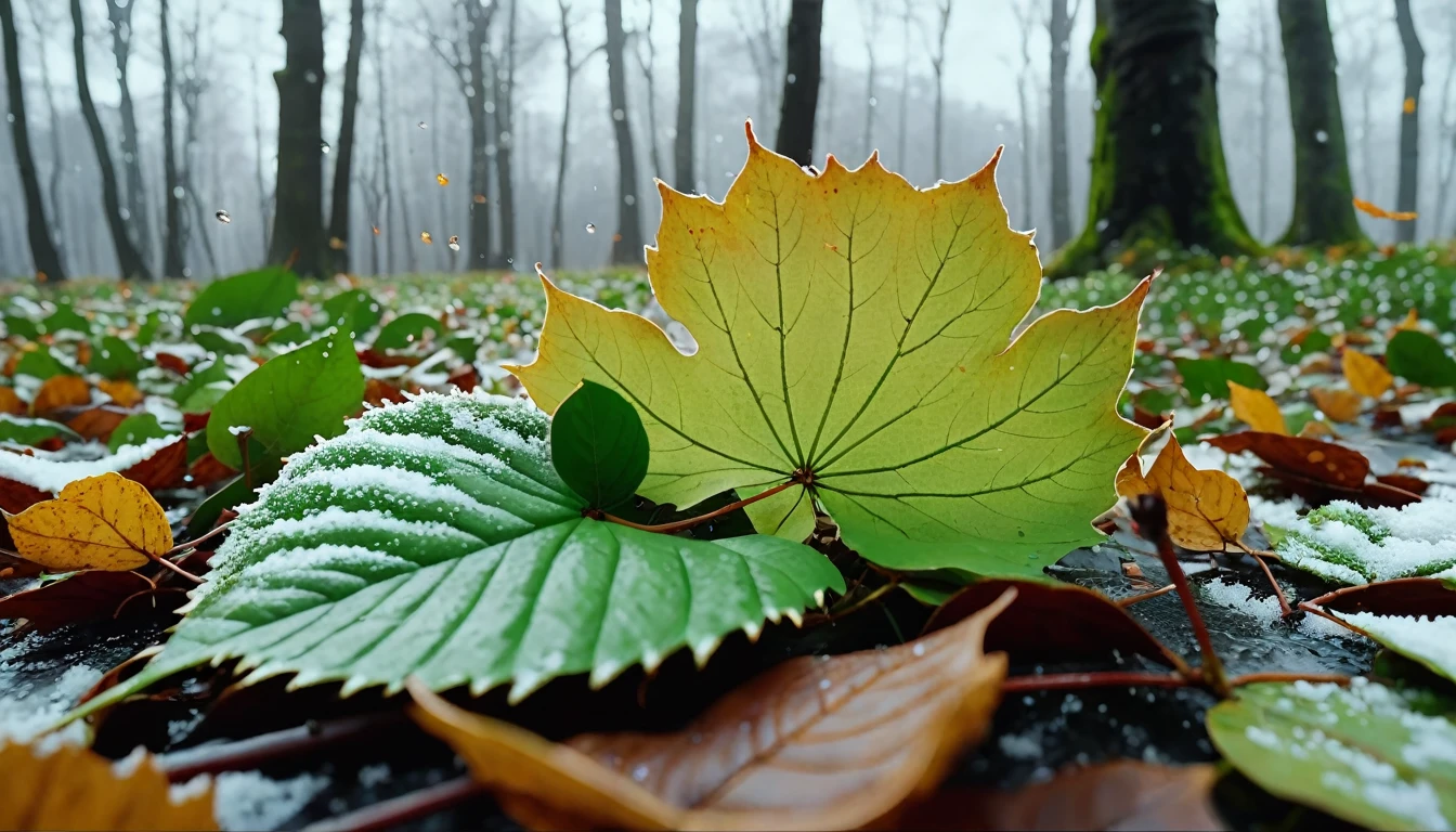 (light green leaves),(winter leaves), (half withered),(hell),magical round leaves leaves falling, snow is falling thinly,nature documentry footage, youtube video screenshot, today's featured photography 4k, autumn rain turkel, nature photography 4k, november, cinematic widescreen shot, leaves and magic, high quality screenshot, 2 0 2 1 cinematic 4 k framegrab, wide screenshot