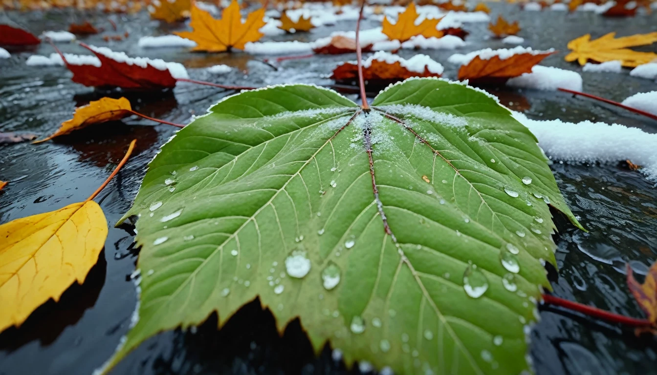 (light green leaves),(winter leaves), (half withered),(hell),magical round leaves leaves falling, snow is falling thinly,nature documentry footage, youtube video screenshot, today's featured photography 4k, autumn rain turkel, nature photography 4k, november, cinematic widescreen shot, leaves and magic, high quality screenshot, 2 0 2 1 cinematic 4 k framegrab, wide screenshot