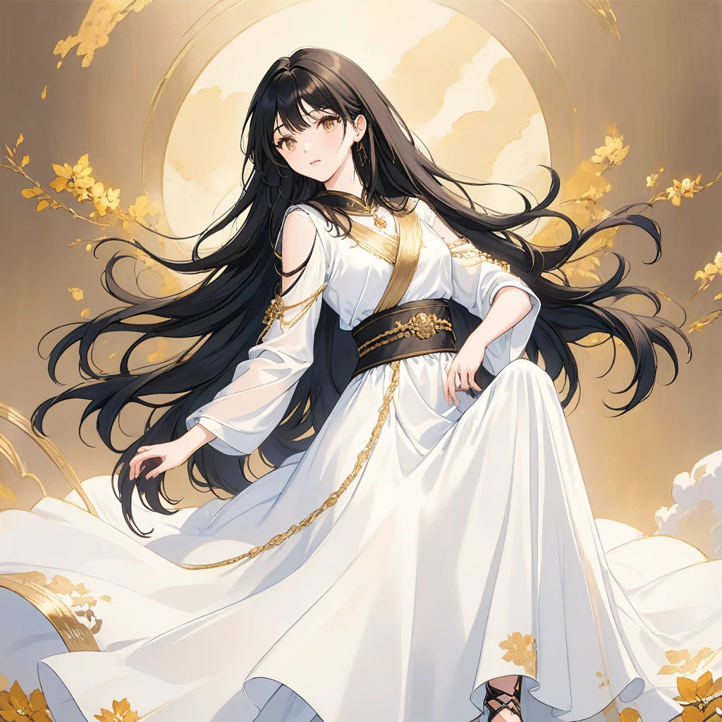 20 years old, with long black hair down to her waist, golden eyes. She wears jewelry and dresses in an antique style, donning a long white dress with golden details. She wears elegant gladiator sandals. She possesses golden powers and has a golden-themed background.