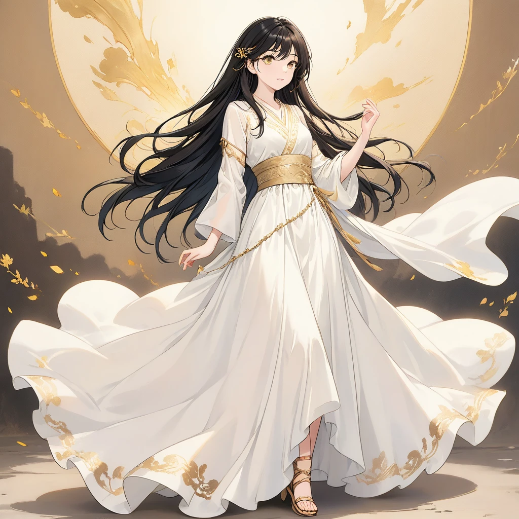 20 years old, with long black hair down to her waist, golden eyes. She wears jewelry and dresses in an antique style, donning a long white dress with golden details. She wears elegant gladiator sandals. She possesses golden powers and has a golden-themed background.