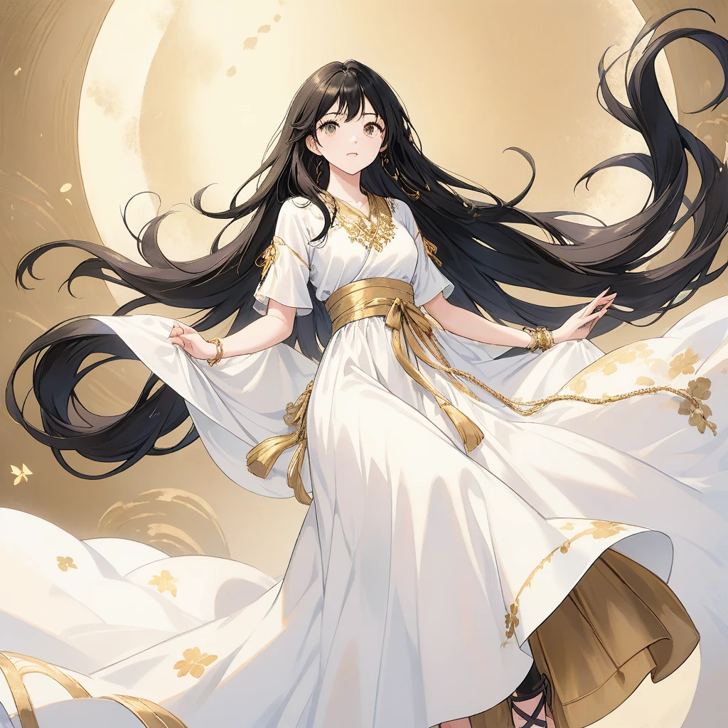 20 years old, with long black hair down to her waist, golden eyes. She wears jewelry and dresses in an antique style, donning a long white dress with golden details. She wears elegant gladiator sandals. She possesses golden powers and has a golden-themed background.