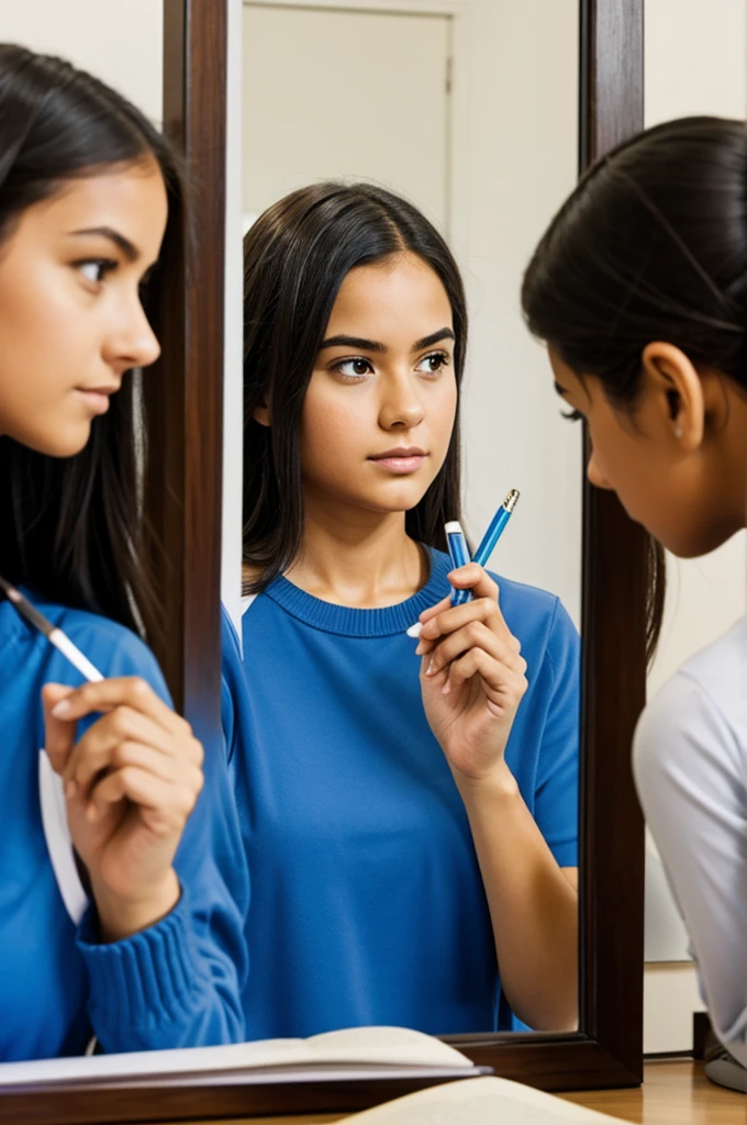 A teacher looking in a mirror and the reflection showing a student taking a test