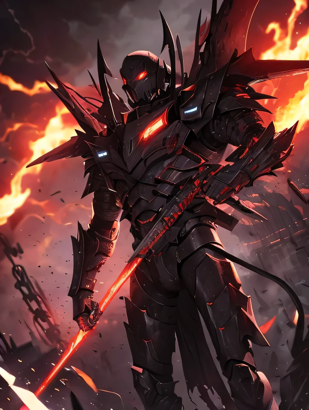 demon, alot of blood going around the place, Chain with darkness, Black smoke, black cool cyborg slim body fast armour, small drone flying around the armour, deadly double claws armour weapon, sci-fi looking armour. Speed thin but fast armour.