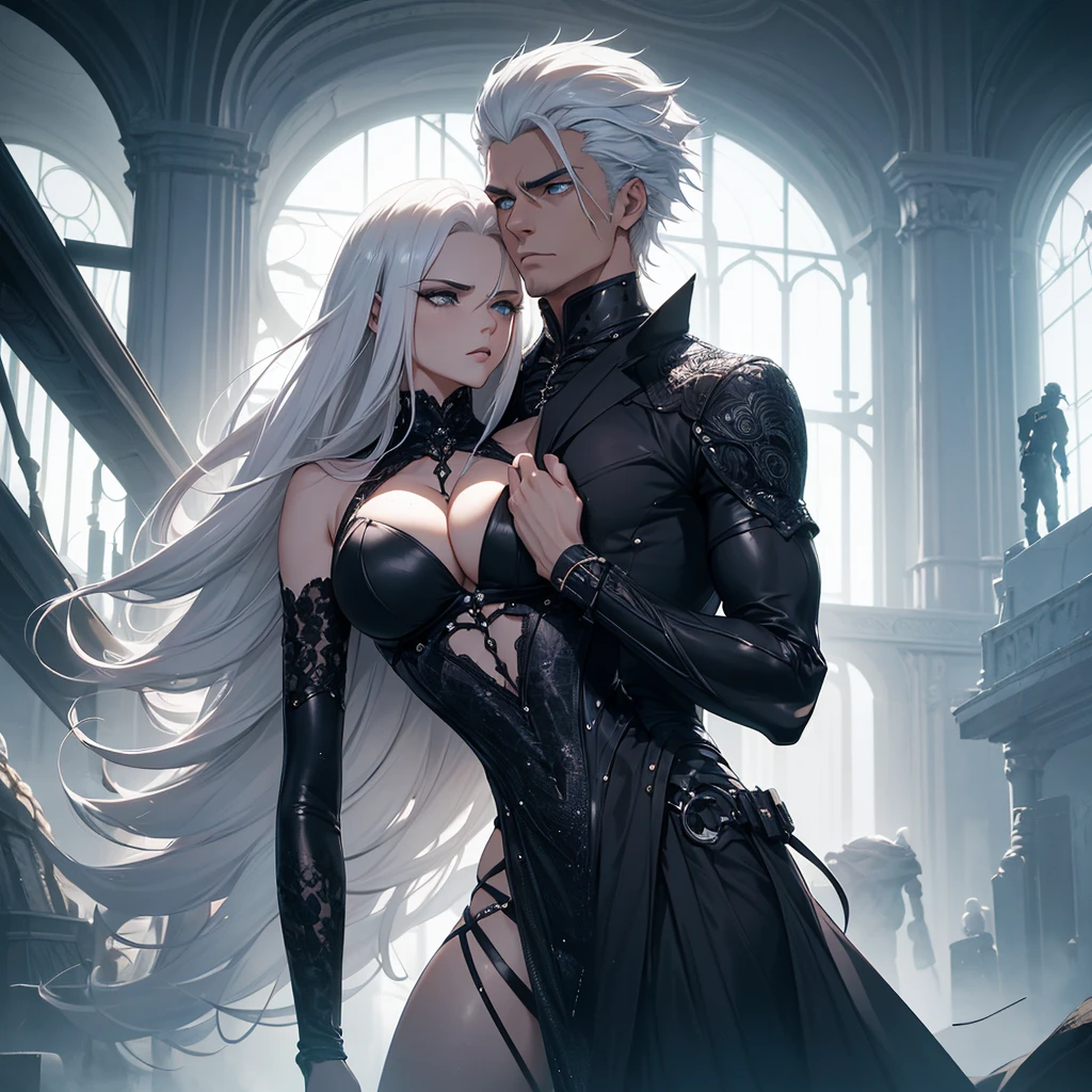 a man and woman embracing, man with white hair, serious face, wearing futuristic social clothes, woman wearing low-cut black dress, embracing, intricate details, hyper realistic, 8k, extremely detailed, high quality, photorealistic, dramatic lighting, cinematic, moody, dark colors, dramatic shadows