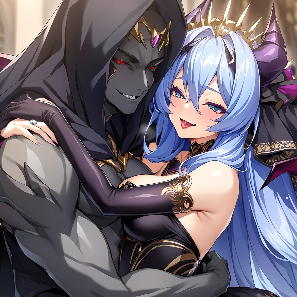 ((Highest quality)), ((masterpiece)), (detailed), （Perfect Face）、The woman is snuggling up to the great, strong, evil demon king, hugging him, kissing him, and having sex with him.、The woman is a beautiful, jet-black female demon, the queen of evil, Devil Extia, with jet-black skin, medium-long blue hair, wearing a luxurious black wedding dress with gold embroidery and trim, a black wedding veil, an engagement ring, and luxurious accessories. She is an elegant, beautiful female demon, the queen of evil.、A great demon with jet black skin, impressive devil horns, devil wings and a devil tail.、The woman looks happy、The man is a great and powerful demon king.、The woman is being loved and loved by the majestic demon king.