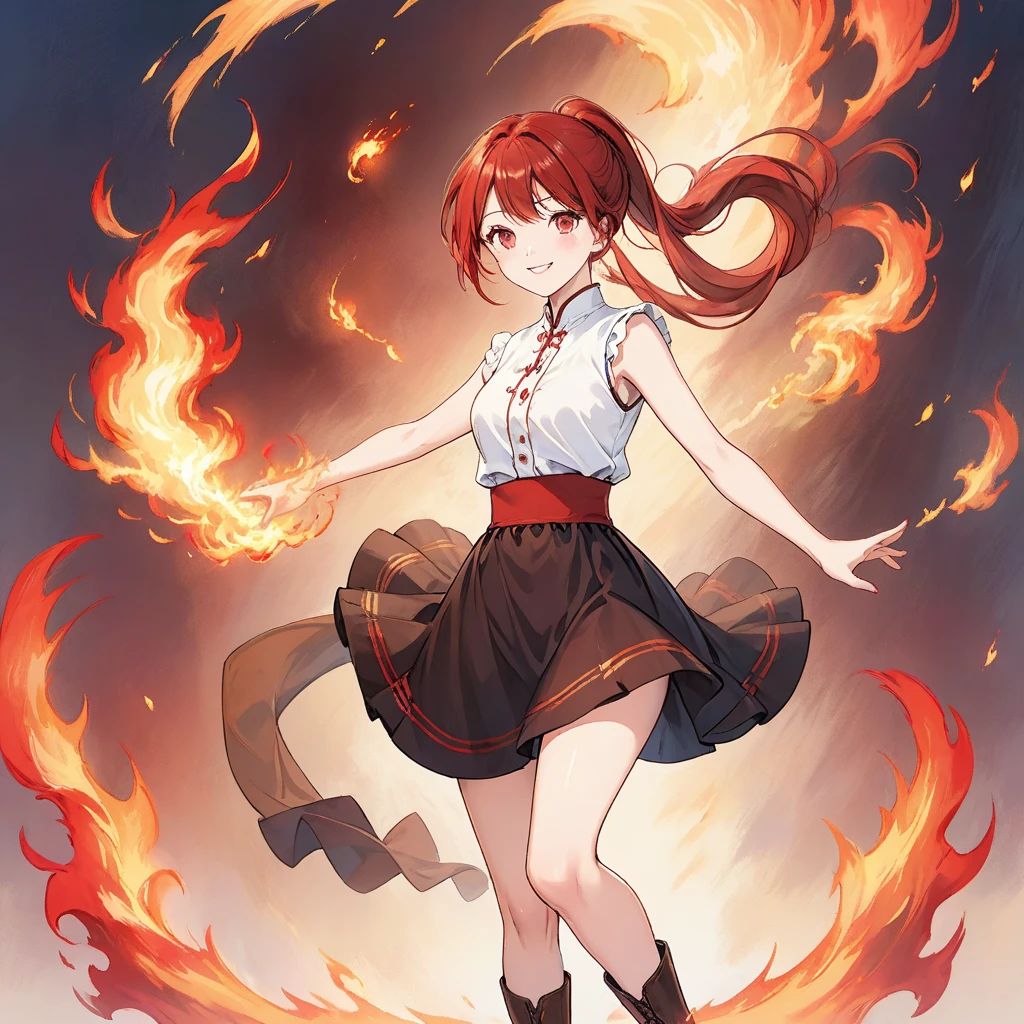 20 years old, long red hair, wears a ponytail, red eyes, always smiling. She dresses in an antique style, wearing a short brown skirt with black shorts underneath, ending above the knees. She wears knee-high brown boots. Her white blouse is sleeveless and features red details. She possesses fire powers and has a fire-themed background." 