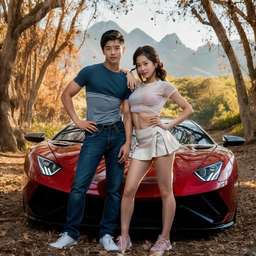 A captivating cinematic portrait of an Asian teen couple sitting in a sleek red sports car, exuding confidence and elegance. The young man dons a blue t-shirt, jeans, and white shoes, while the young woman looks stunning in a white transparent top, mini skirt, and pink shoes. Surrounding them, a picturesque scene of trees shedding dry leaves and a breathtaking backdrop of mountains and a clear blue sky. Sunlight filters through the gaps in the trees, creating a warm and inviting atmosphere. The image captures the essence of youth and energy, making it perfect for a cinematic portrait., portrait photography, photo, cinematic