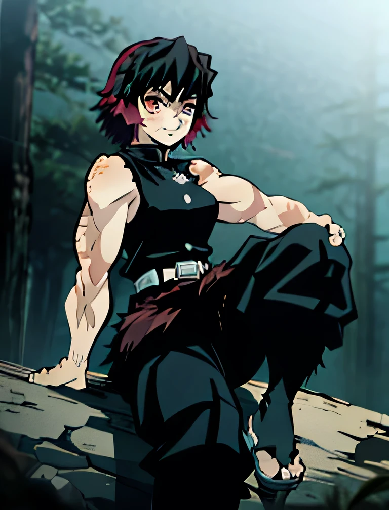 ((Demon Slayer style)) 1 girl, rude woman, Bella, cazademonios, beefy, good tail, reddish and golden eyes, semi-wide hair, high and spiky hair, hair cut in layers aesthetic, jet black hair and strong blue tips, crossed pointed bangs, side temples, fine scar on lower left cheek, sorrisa Bella, red lipstick, demon hunter uniform, sleeveless, white belt, Wide pant, bandages in arms, Big hands, white fur stockings on her feet, japan sandals, combat position, rugged forest landscape background, estilo anime kimetsu no yaiba. ((masterpiece)) .