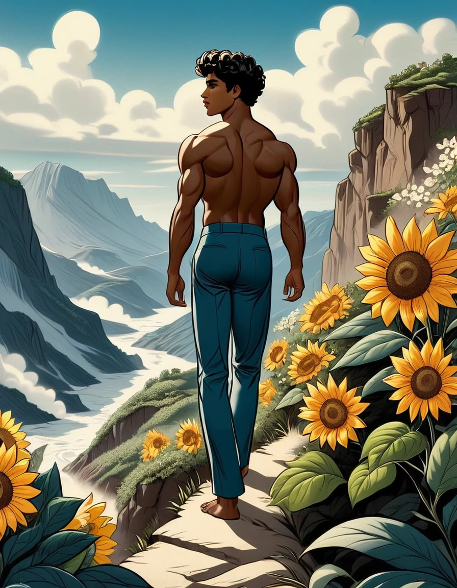 A young man, latino, cinnmon skin, thin face, straight nose, thin lips, square chin, large black eyes, short black, wavy hair, in roberto ferri style, aesthetic slim athletic body, very tall, latino, realistic skin, gorgeous, realistic detailed tonned muscles, barefoot, perfect anatomy, athletic slender body, 195cm tall, realistic skin, skinny realistic detailed muscles, he is naked , man flexing his quadriceps highlighting his muscle definition, barefoot, perfect detailed feet, relaxed body lenguaje, relaxed face expresion. ((low angle view, storbe lighting, Leading Lines composition )) background light blue, green stained flowers wall fullbody, hyper detailed scene, ,penisA young man, carefree figure walks towards the edge of a cliff, looking up at the sky. He is carrying a light backpack and is about to take a confident step into the void. In her right hand she holds a white flower while in her left an orange suitcase, fractal art (tarot card design), botanical illustration, sunflowers, classic and elegant flourish, Lofi artistic style, vintage, [(text that says "EL LOCO")], best quality, masterpiece, extremely detailed and intricate details, Negative prompt: EasyNegativ
