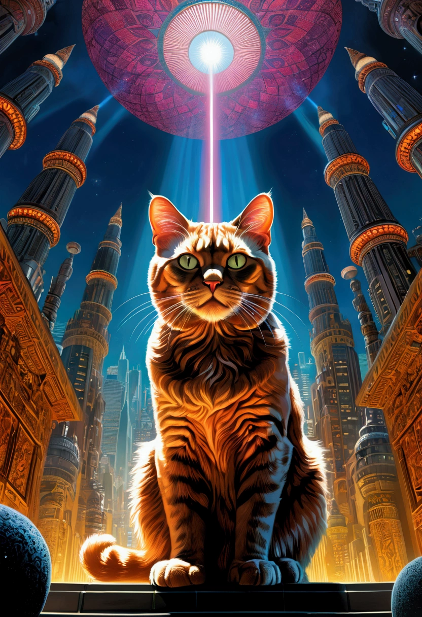 (Giant Cat, exaggerate Giant), from below, in the style of laser lighting, focused light beams, vibrant light patterns, colored laser lights, danger, pulp comics, pulp art, hyper-realistic manga style, lurid, magazine cover imagery, dynamic composition, full body, award-winning, cinematic still, emotional, vignette, dynamic, vivid, (masterpiece, best quality, Professional, perfect composition, very aesthetic, absurdres, ultra-detailed, intricate details:1.3)