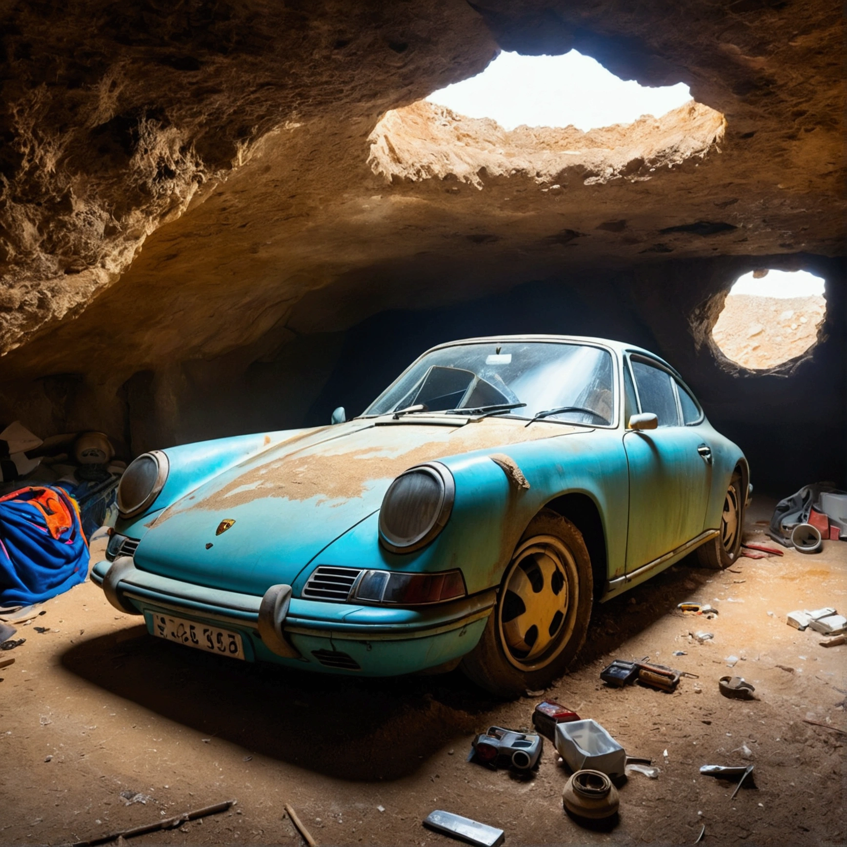 An abandoned Porsche car in a cave filled with dust and discarded items