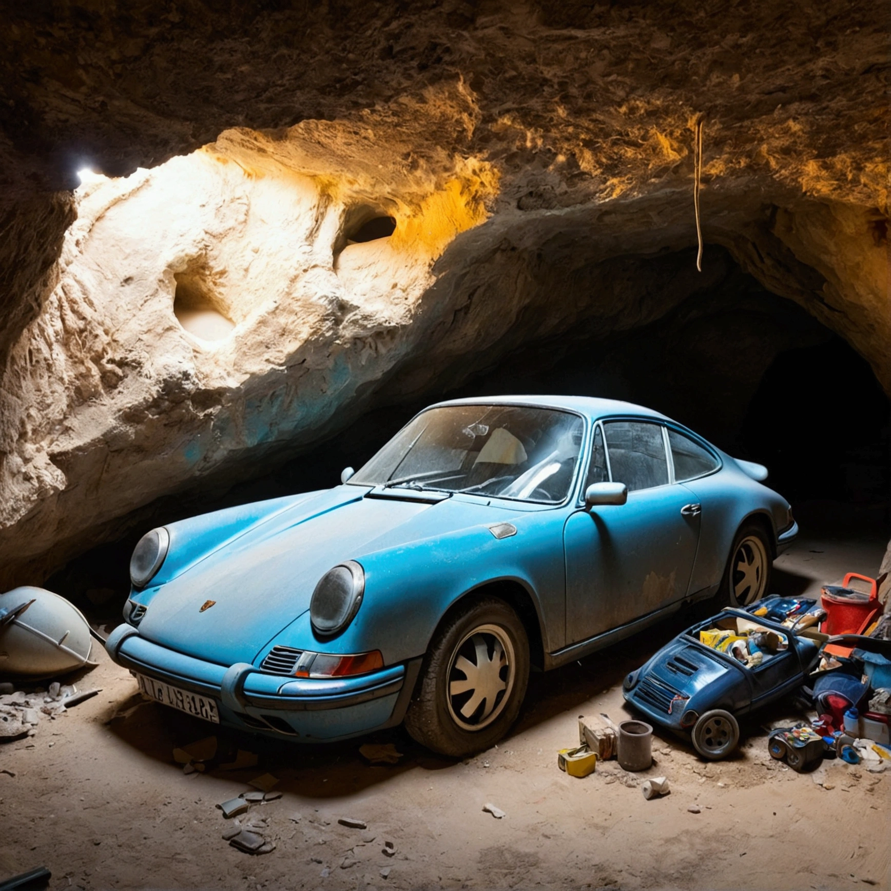 An abandoned Porsche car in a cave filled with dust and discarded items