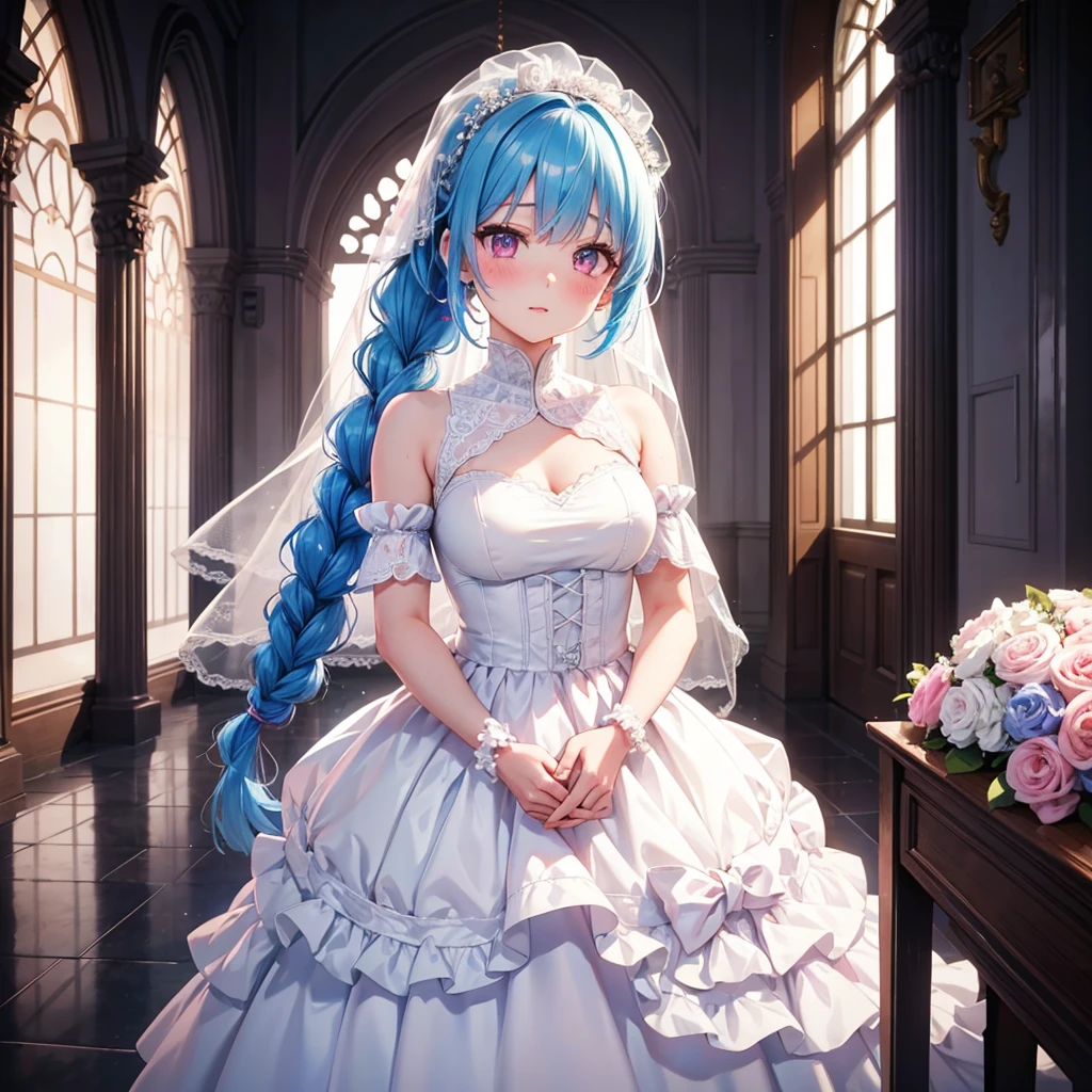 Sky blue hair, (Braided Ponytail),(Pink Eyes),Fair skin ,(whole body),(1 girl),bride,blush,Straight bangs, 6月のbride,Wedding dress,(masterpiece, Highest quality, Very detailed, Best Shadow), (Detailed Background), (Beautifully detailed face), High Contrast, (Best lighting, Very delicate and beautiful), ((Cinematic Light)), colorful, Hyper Detail, Dramatic Light, Intricate details,Wedding hall,