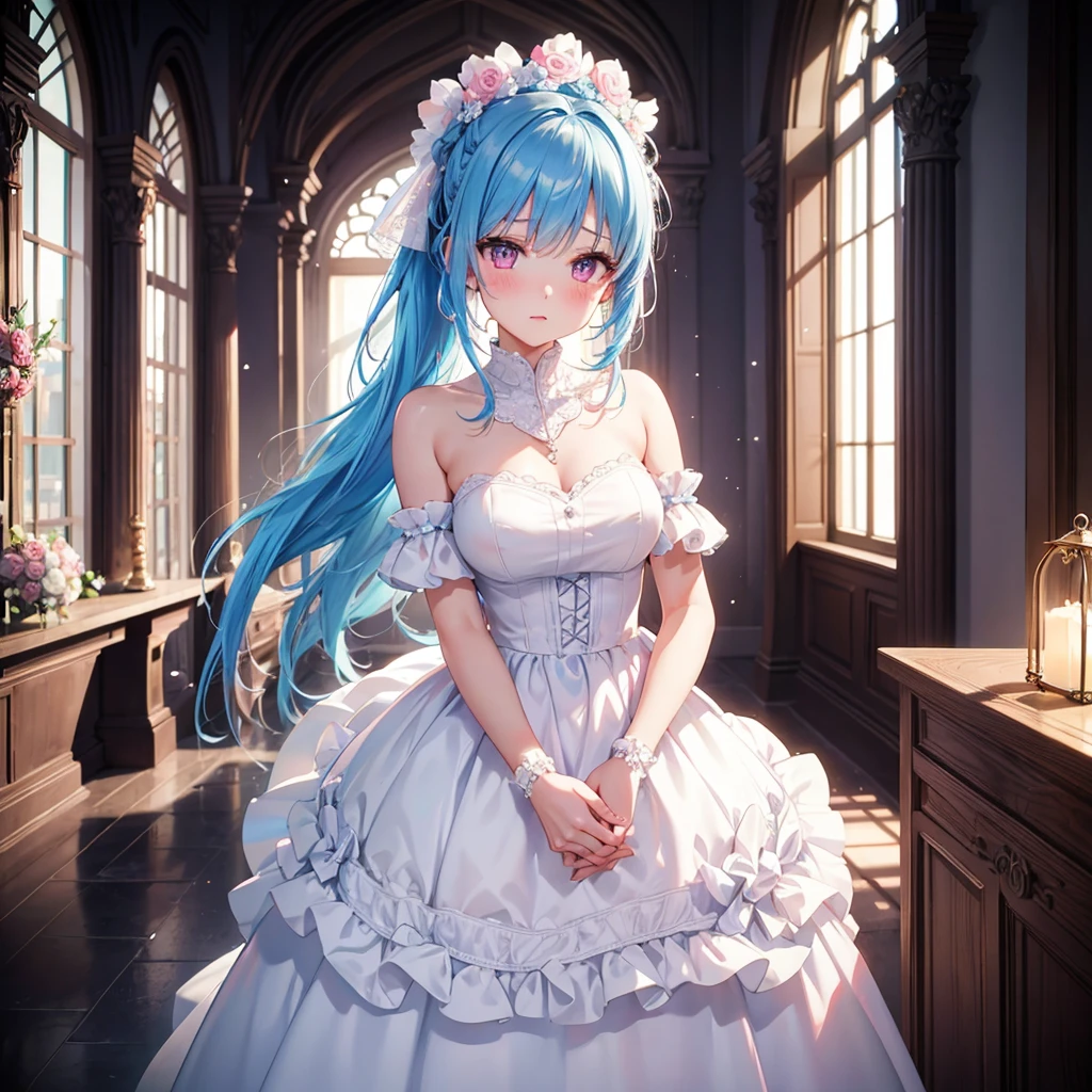 Sky blue hair, (Braided Ponytail),(Pink Eyes),Fair skin ,(whole body),(1 girl),bride,blush,Straight bangs, 6月のbride,Wedding dress,(masterpiece, Highest quality, Very detailed, Best Shadow), (Detailed Background), (Beautifully detailed face), High Contrast, (Best lighting, Very delicate and beautiful), ((Cinematic Light)), colorful, Hyper Detail, Dramatic Light, Intricate details,Wedding hall,