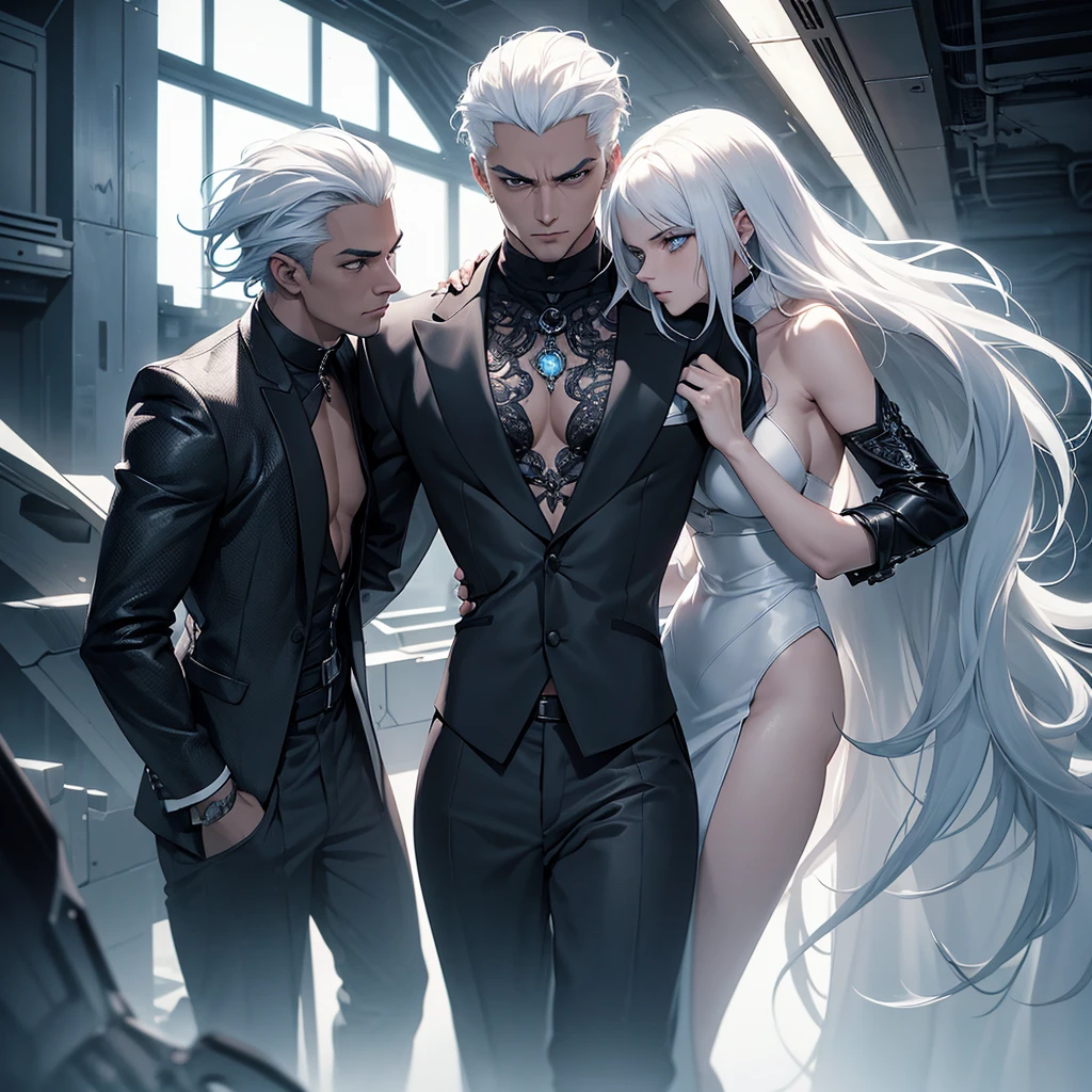 a man and woman embracing, man with white hair, serious face, wearing futuristic social clothes, woman wearing low-cut black dress, embracing, intricate details, hyper realistic, 8k, extremely detailed, high quality, photorealistic, dramatic lighting, cinematic, moody, dark colors, dramatic shadows