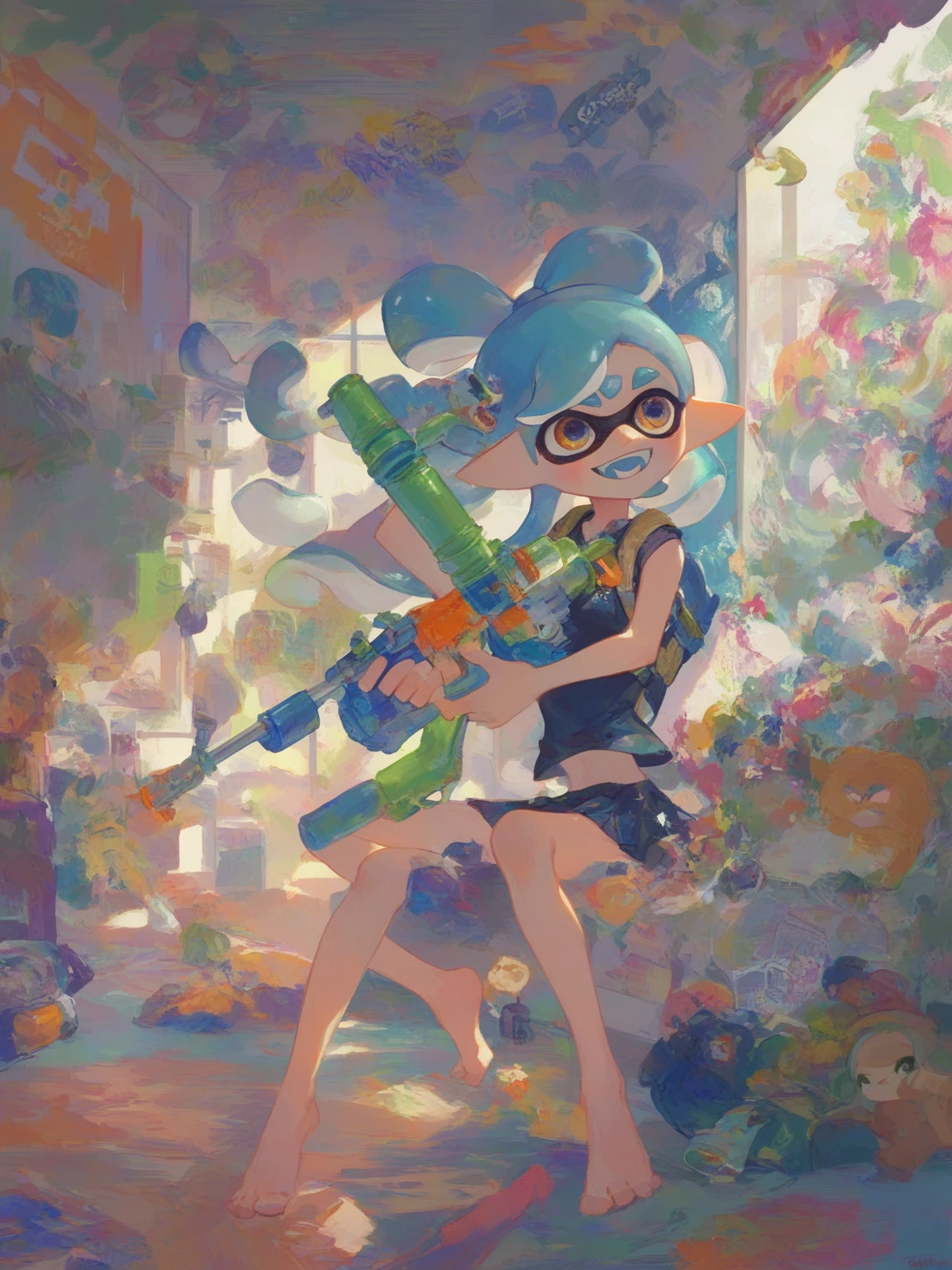 score_9_superior, score_8_superior, One girl, alone, Splatoon Inkling, Tentacle hair, (hold a toy gun, Water gun), Ink tank, Backpack, Apartment room, graffiti, Great composition, Great lighting, smile, Beautiful night scenery、Bedroom、skirt、Tank top、barefoot