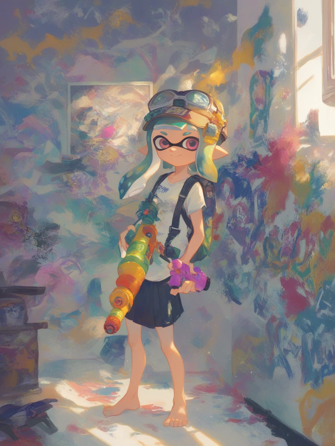 score_9_superior, score_8_superior, One girl, alone, Splatoon Inkling, Tentacle hair, (hold a toy gun, Water gun), Ink tank, Backpack, Apartment room, graffiti, Great composition, Great lighting, smile, Beautiful night scenery、Bedroom、skirt、Tank top、barefoot