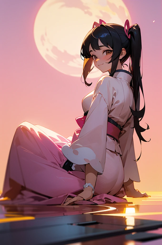 masterpiece, best quality, ultra detailed, outside, at the sea cliffs, a girl, happy, smiling, sitting on the floor, looking back, twintail, black hair, {curly}, brown eyes, tareme, pale skin, , skinny , {{pink frilly idol costume}}, pink hair ribbon, , 20-year-old, japanese, pink background, outside, with a full moon, in the evening, anime, 3D model, full body shot, on right, back shot, symmetrical composition, with a perfect circle of one full moon, golden hour, directional light, in focus with blurred background, Dark_Blush