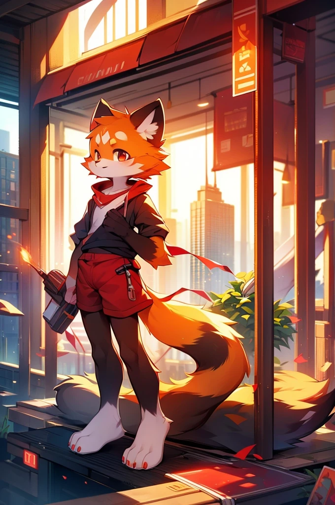 Red Panda Boy,8k resolution,Furry, Cityscape,Red collar,Two legs,Stand on your feet! towering,lanky,lanky,:slim body,:tall