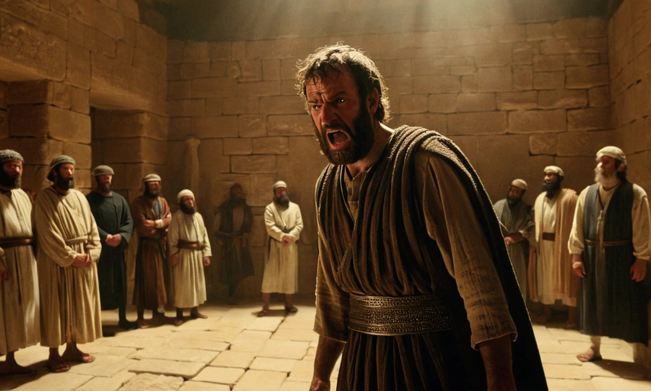 an image from biblical times of an angry Saul, inside a room in the Sanhedrin