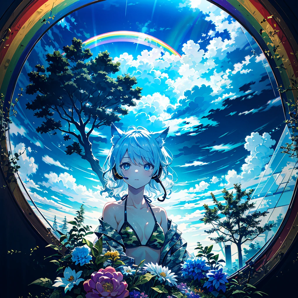 masterpiece, best quality, ultra-detailed, 4K, 8K, best quality, beautiful, cute girl, solo, beautiful silver hair, long hair, wavy hair, beautiful blue eyes, beautiful eyes, wolf ears,
BREAK
(headset:1.3), (camouflage pattern bikini:1.4) (camouflage pattern jacket:1.3),
BREAK
(Rainbow, flower, tree, sweets Clouds:1.5),(land of sweets, confections, rainbow arch:1.3), (Sugar confectionery, round rainbow frame:1.3),
BREAK
(solarization:1.4), (inverted tones:1.2), (experimental photography:1.4), (surreal contrast:1.2), (striking visuals:1.4), (artistic abstraction:1.2)