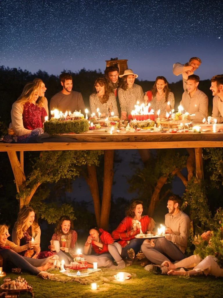 A magical birthday celebration under a starlit sky. The scene includes a beautifully set table with fairy lights and lanterns hanging from nearby trees. A birthday cake with lit candles is the focal point, surrounded by gifts and decorations. Friends are sitting around, enjoying the serene night and celebrating together.
