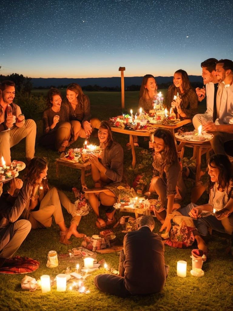 A magical birthday celebration under a starlit sky. The scene includes a beautifully set table with fairy lights and lanterns hanging from nearby trees. A birthday cake with lit candles is the focal point, surrounded by gifts and decorations. Friends are sitting around, enjoying the serene night and celebrating together.
