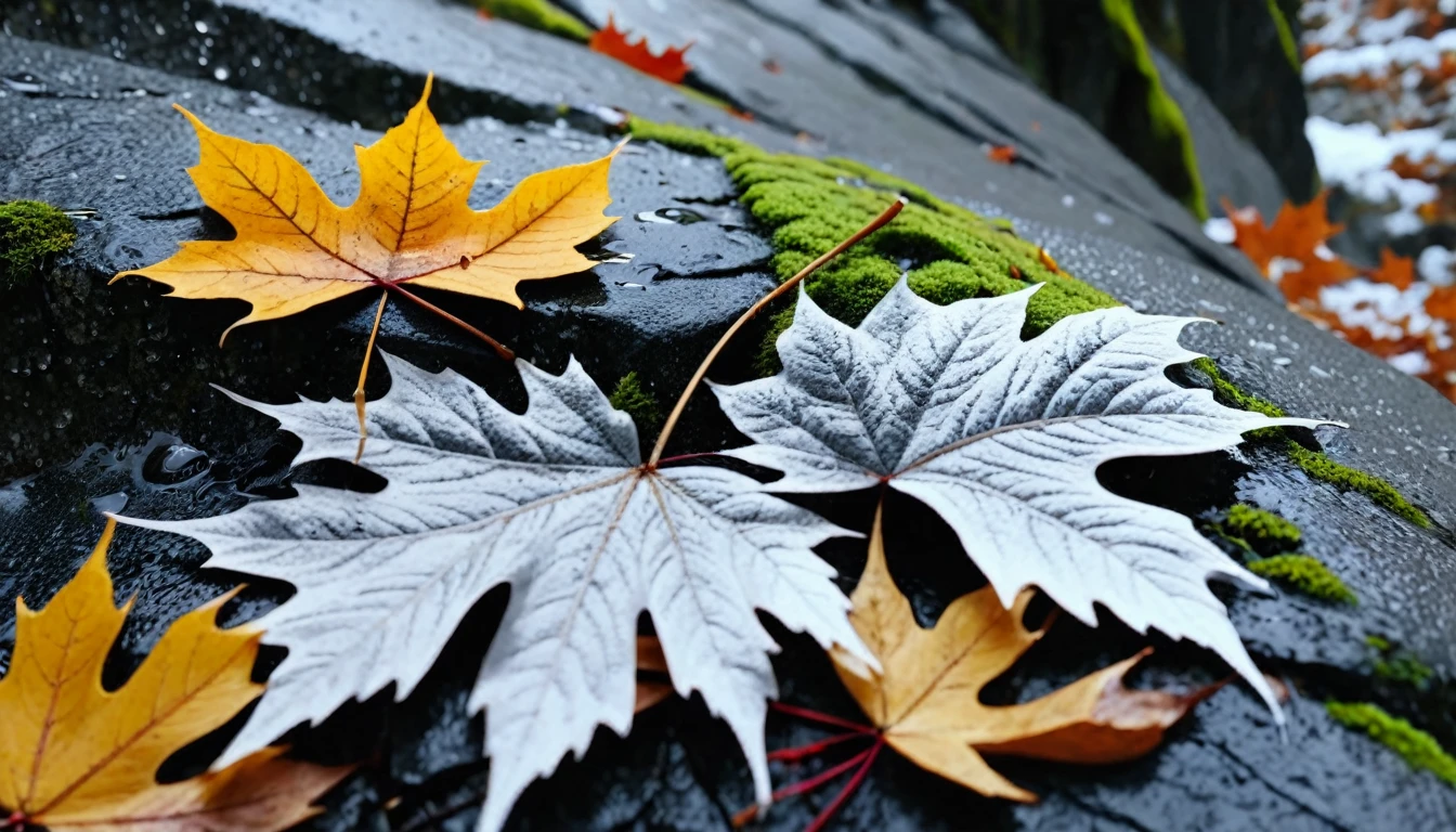 (gray gradation leaves),(winter leaves), (half withered),(on the cliff),magical round leaves leaves falling, snow is falling thinly,nature documentry footage, youtube video screenshot, today's featured photography 4k, autumn rain turkel, nature photography 4k, november, cinematic widescreen shot, leaves and magic, high quality screenshot, 2 0 2 1 cinematic 4 k framegrab, wide screenshot