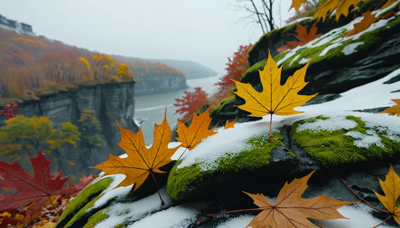 (gray gradation leaves),(winter leaves), (half withered),(on the cliff),magical round leaves leaves falling, snow is falling thinly,nature documentry footage, youtube video screenshot, today's featured photography 4k, autumn rain turkel, nature photography 4k, november, cinematic widescreen shot, leaves and magic, high quality screenshot, 2 0 2 1 cinematic 4 k framegrab, wide screenshot