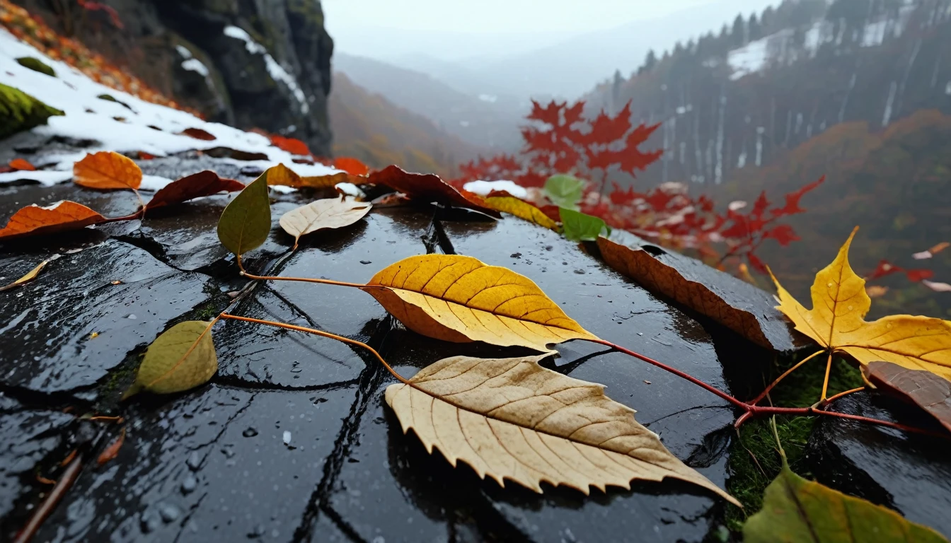 (gray gradation leaves),(winter leaves), (half withered),(on the cliff),magical round leaves leaves falling, snow is falling thinly,nature documentry footage, youtube video screenshot, today's featured photography 4k, autumn rain turkel, nature photography 4k, november, cinematic widescreen shot, leaves and magic, high quality screenshot, 2 0 2 1 cinematic 4 k framegrab, wide screenshot