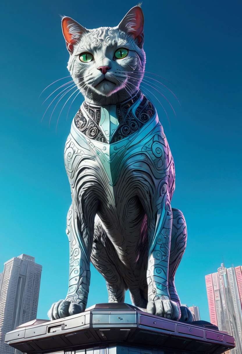 (Giant Cat, exaggerate Giant), from below, in the style of delicate chromatics, pulp comics, cyberpunk realism, chroma, metalic, hyper realistic painting, fullshot, futuristic, full body, award-winning, cinematic still, emotional, vignette, dynamic, vivid, (masterpiece, best quality, Professional, perfect composition, very aesthetic, absurdres, ultra-detailed, intricate details:1.3)