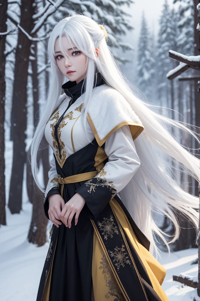 Female character with long snow-white hair and yellow eyes