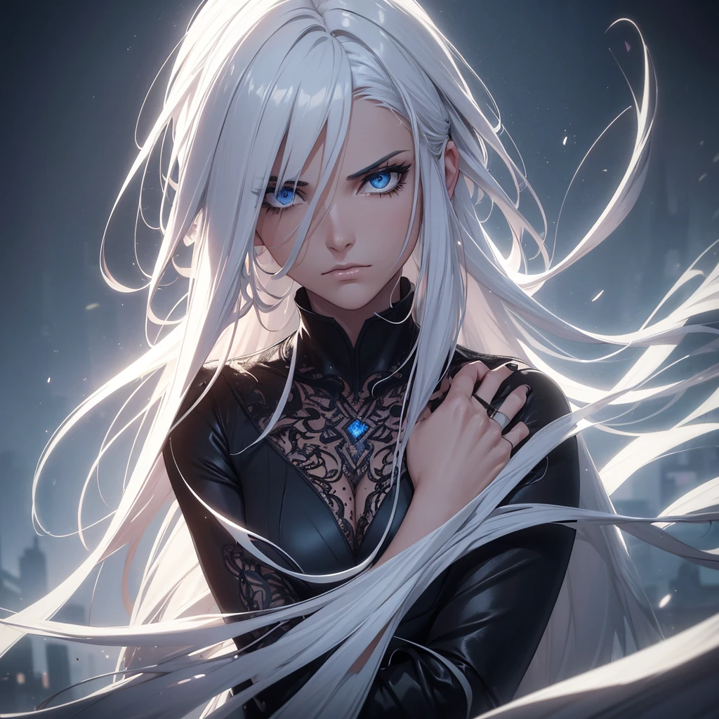 um homem e uma mulher se Hugging, man with white hair, serious face, wearing futuristic formal clothes, woman wearing low-cut black dress, Hugging, details Intricate, hyper realist, 8k, extremely detaild, high qualiy, photorrealistic, dramatic lighting, cinematographic, temperamental, dark colours, dramatic shadows