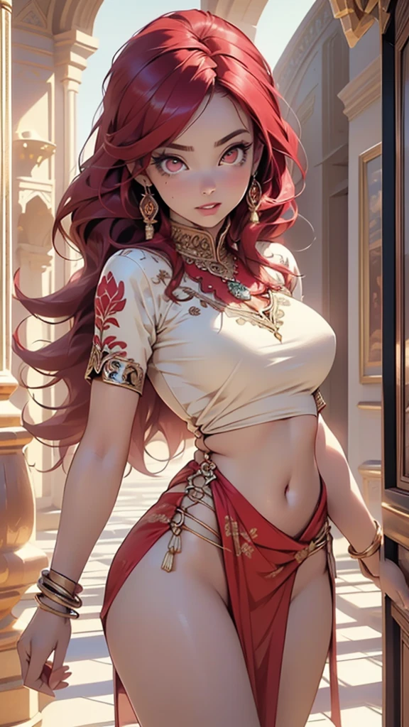 ((((indian girl)))),
girl,((red_body:1.3, red_face:1.3, completely red_skin:1.3)),(large breasts:1.4),saggy breasts,((((red hair)))),(((red_eyes:1.3))),intricate eyes,beautiful detailed eyes,symmetrical eyes,(((lustrous skin:1.5,bright skin: 1.5,shiny skin,very shiny skin,shiny body))),(spider lower abdomen,narrow waist,wide hip,bimbo body,inflated legs,thick thighs),(((detailed face))),
(cute,slutty,sensual,seductive look,seductive,((erotic)),opulent,sumptuous,longingly,(nsfw)),
(arabian clothes, harem outfit, arabian dancing girl, belly dancer outfit, sex slave, jewelry, sheer loincloth, pelvic curtain, midriff, bracelets,),(arabian jewelry,intricate necklace),(((intricate outfit,intricate clothes))),(((intricate outfit,intricate clothes,embroidered outfit,ornate outfit))),
(dynamic pose:1.0),embarrassed,(centered,scale to fit dimensions,Rule of thirds),
inside,indoor,((palace in Arabia, palace in Arabia background)),scenery:1.25,((intricate scenery)),
(Glossy winter ornaments),highres,sharp focus,(ultra detailed,extremely detailed),(photorealistic artwork:1.37),(extremely detailed CG unity 8k wallpaper),(((vibrant colors,vibrant theme))),(intricate),(masterpiece),(best quality),artistic photography,(photography taken by sldr),(intricate background),perfect rendered face,perfect face details,realistic face,photo realistic,((intricate detail)),(((realism))),