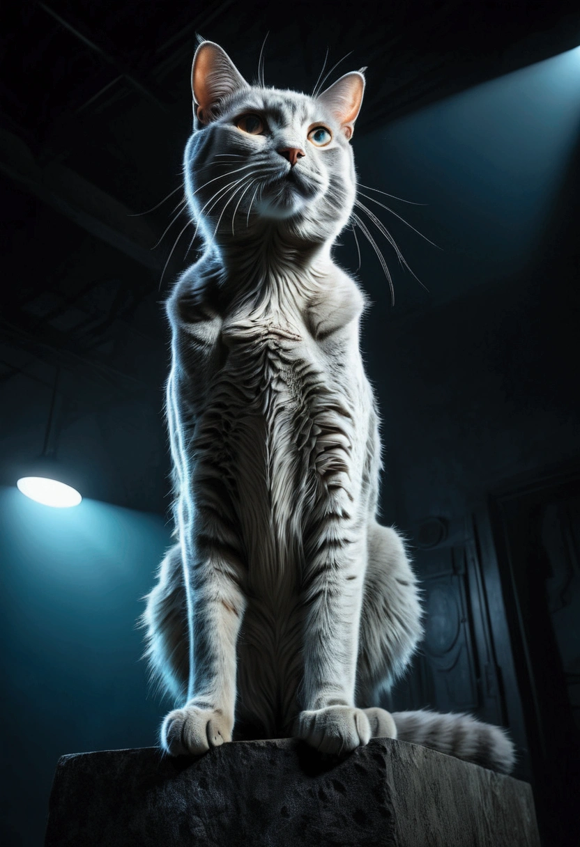 (Giant Cat, exaggerate Giant), from below, against a dark background with a mysterious atmosphere and cool color tones with soft side lighting in the photography style of high contrast between light and shadow, glow effect, light leak, full body, award-winning, cinematic still, emotional, vignette, dynamic, vivid, (masterpiece, best quality, Professional, perfect composition, very aesthetic, absurdres, ultra-detailed, intricate details:1.3)