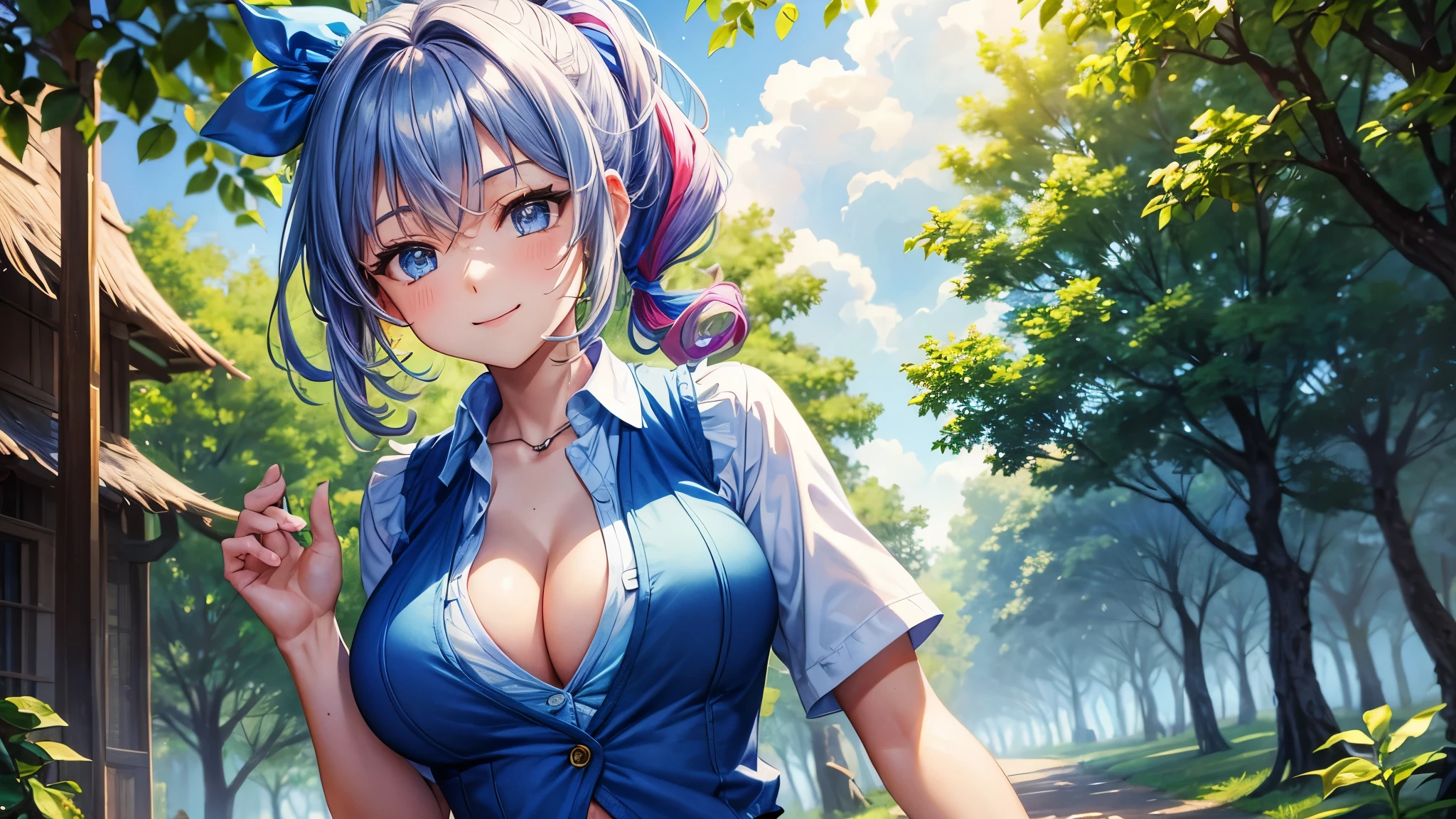 1girl, solo, summer, village, trees, sun, clouds, fantasy, ((colorful hair)), curly hair, ponytail, big full breasts, ((blue vest sweeter)), button down shirt, ((blue shirt)), ((short sleeved shirt)), ((unbuttoned shirt)), unbuttoning buttons, cleavage 1:3, blue eyes, skirt, smile, looking at the viewer, standing, hair ribbon, golden necklate