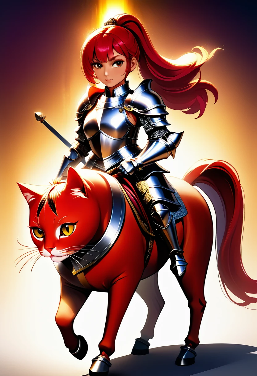 arafed a picture of a human knight riding an ((epic sized cat: 1.3)) וin fantasy street, a a human knight, full body, ((anatomically correct: 1.5), female knight, red hair, long hair, hair in a pony tail, wearing knight's armor, decorated armor, high heeled boots, BREAK riding a ((cat big as a horse: 1.5)), the cat is wearing armor ready for battle, dynamic color cat Hyperrealism style, vibrant, Ultra-high resolution, High Contrast, (masterpiece:1.5), highest quality, Best aesthetics), best details, best quality, highres, ultra wide angle, 16k, [ultra detailed], masterpiece, best quality, (extremely detailed) RAW, ArmoredDress
